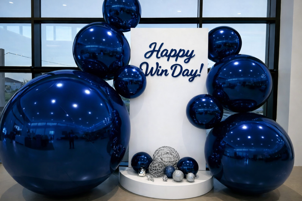 Navy mirrored ball display with custom celebration signage
