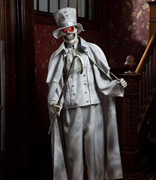 Gentleman Jack animated Halloween butler prop in a white tuxedo and top hat